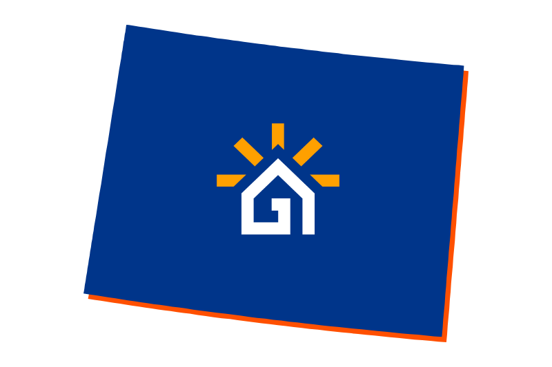 A navy blue outline of the state of Wyoming with the Great Day Improvements logo in the center.