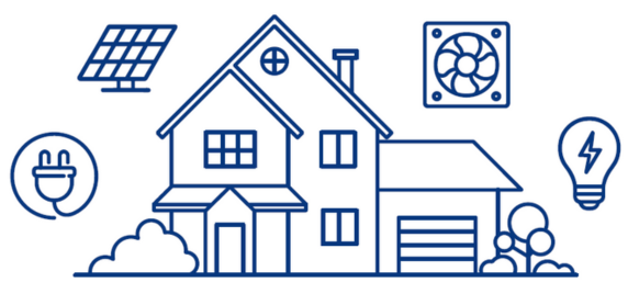 A line graphic of a house with energy efficiency indicators around it.