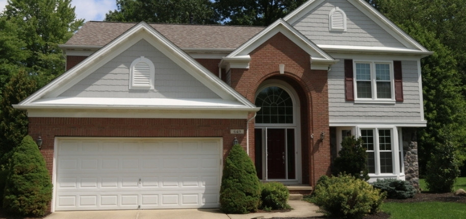 Two-story brick and siding home with arched entryway and updated garage door, renovated by Great Day Improvements to enhance curb appeal and exterior durability.
