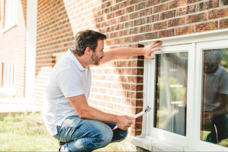 A man inspects the exterior of a window on his brick house.
