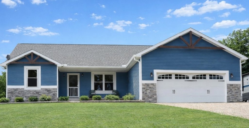 A house with new blue siding replacement.